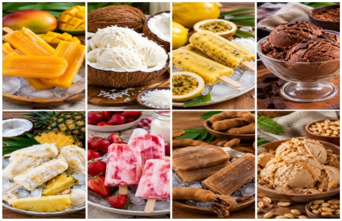 Gelados artesanais de manga, coco, maracujá, tamarindo e amendoim